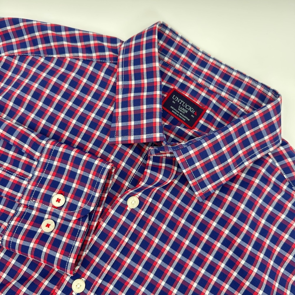 UNTUCKit‎ Stuhlmuller Button Down Mens Large Blue Red Plaid Slim Fit Nylon EUC